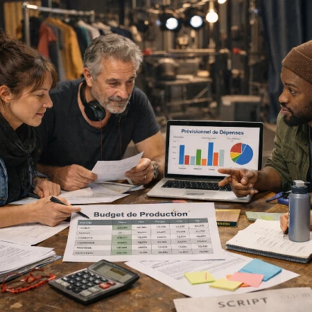 Artistes et chargé de production autour de la table pour élaborer leur budget de production de spectacle